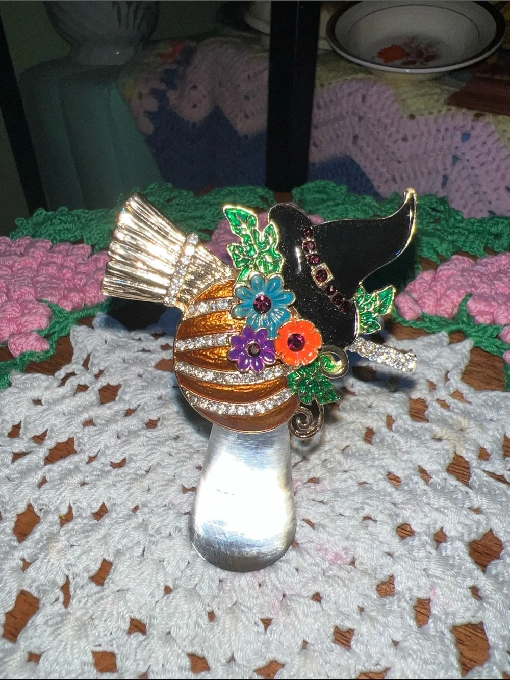 Colorful Witch Hat & Pumpkin Brooch Pin - Multicolor Floral Accent